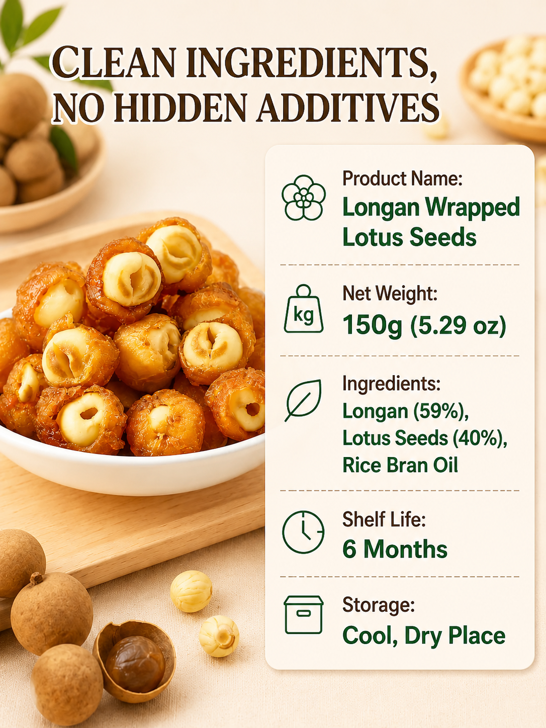 Longan Wrapped Lotus Seeds. Natural Ready-to-Eat Dried Fruit Snack for HeaIth & Relaxation-A