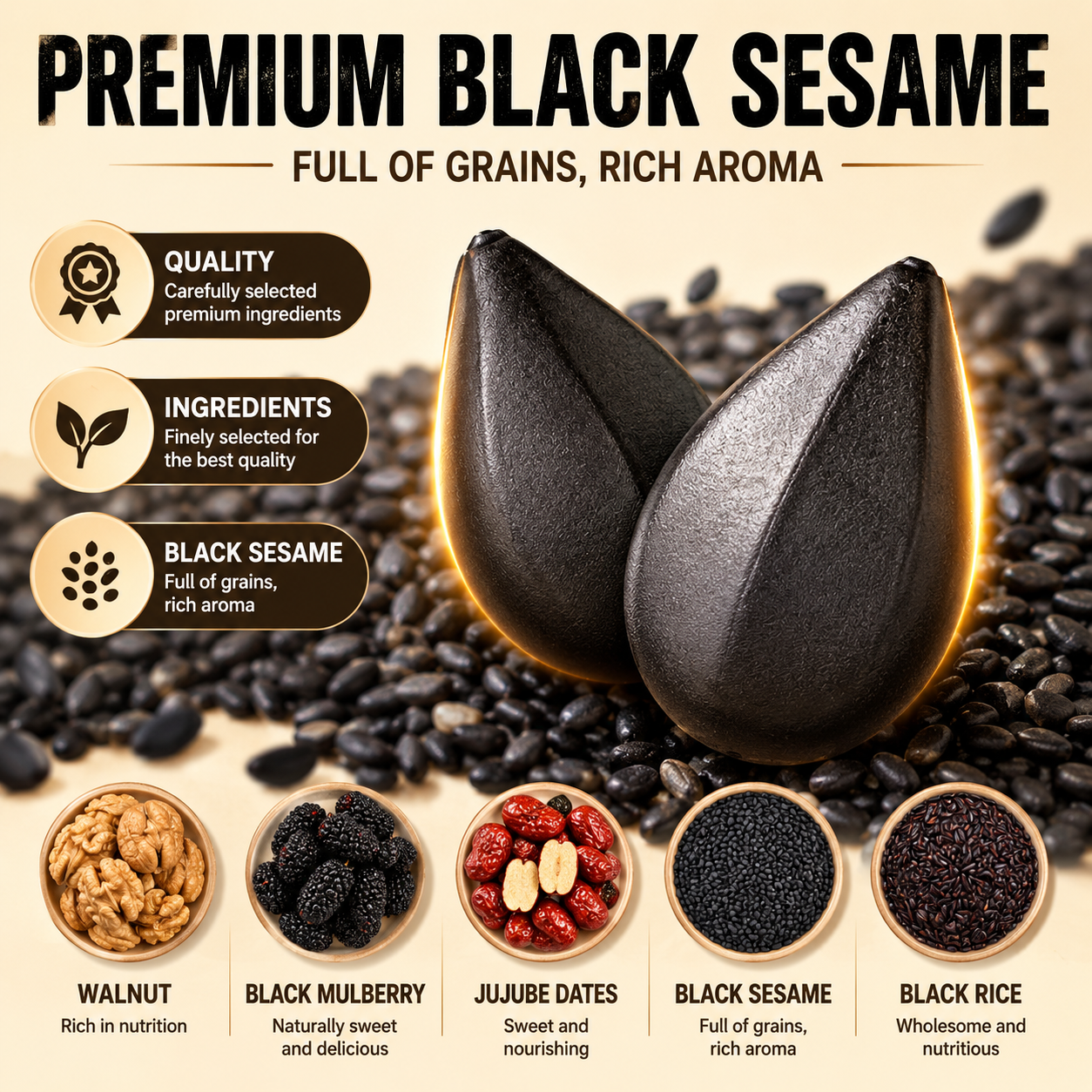 Intangible Heritage 5-Treasure Black Sesame Balls – Nine-Steamed & Nine-Sun-Dried Traditional Craft & Repair Damaged Hair&Promote Sleep-918
