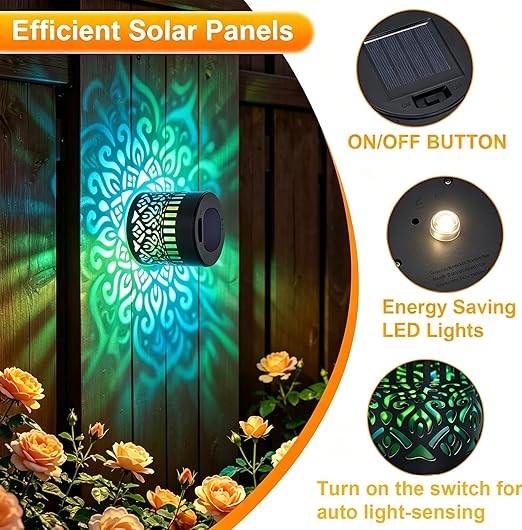 Solar Mandala Projector Wall Lights, IP65 Waterproof Metal Outdoor Fence Lights for Garden, Patio, Courtyard-918