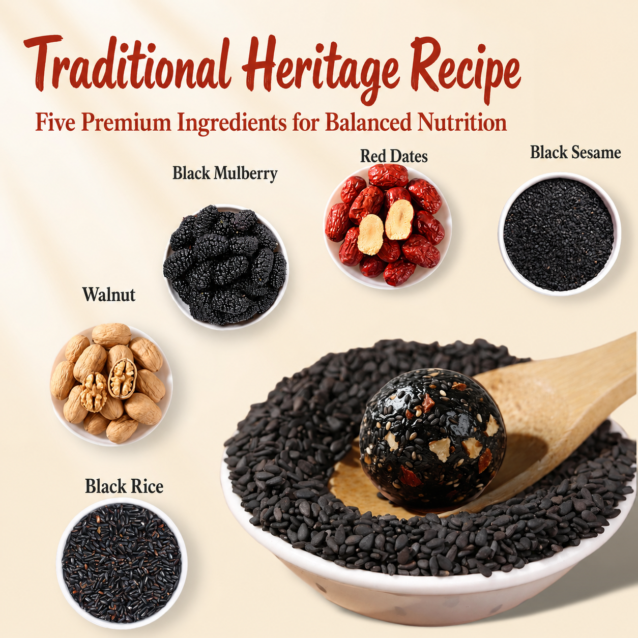 Intangible Heritage 5-Treasure Black Sesame Balls – Nine-Steamed & Nine-Sun-Dried Traditional Craft & Repair Damaged Hair&Promote Sleep-918
