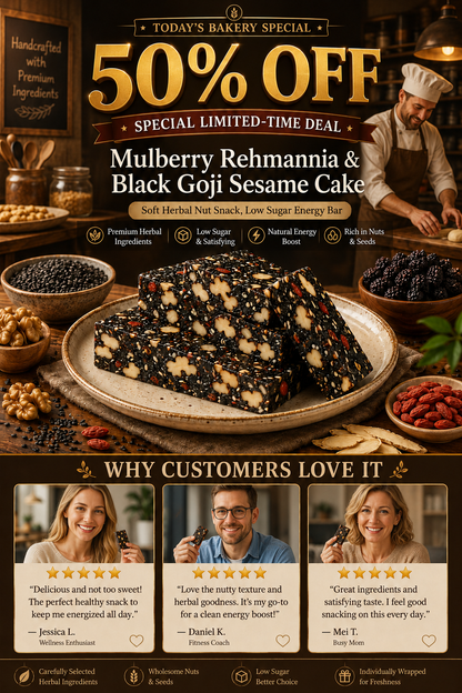 🌿 Mulberry Rehmannia & Black Goji Sesame Cake – Soft Herbal Nut Snack, Low Sugar Energy Bar 🖤🍇🌰-9SLL