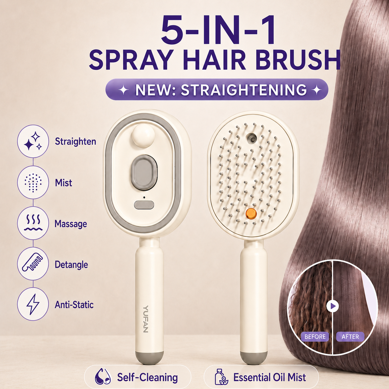 5-in-1 Mist Straightening Hair Brush-FD6U